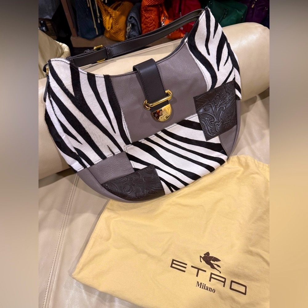 RARE/NWOT ETRO  Pony hair Zebra  Print Leather Patchwork Bag